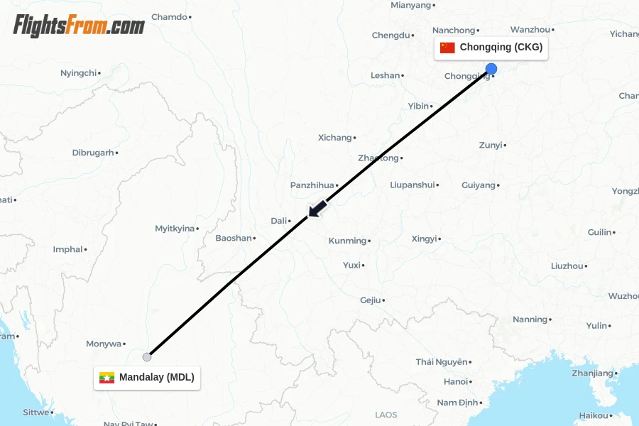 Flights from Chongqing to Mandalay route map