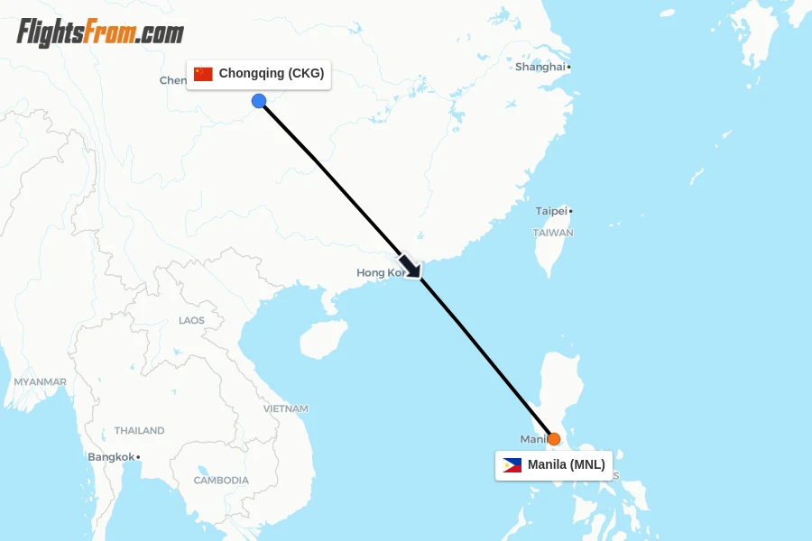 Flights from Chongqing to Manila route map