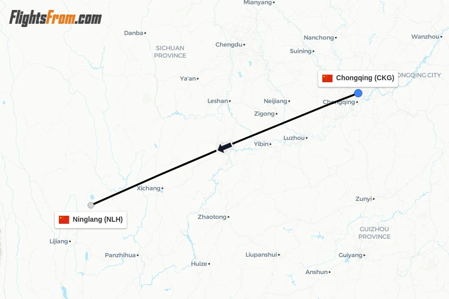 Flights from Chongqing to Ninglang route map