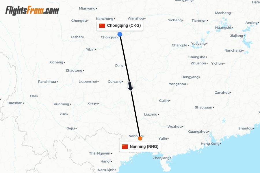 Flights from Chongqing to Nanning route map