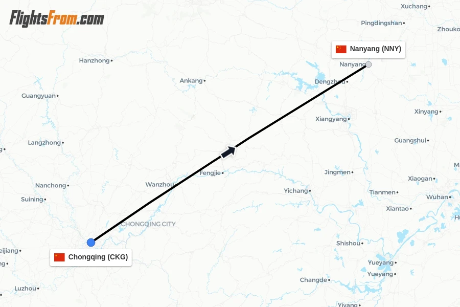 Flights from Chongqing to Nanyang route map