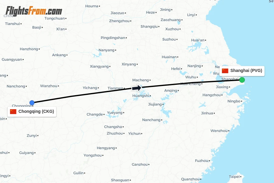 Flights from Chongqing to Shanghai route map