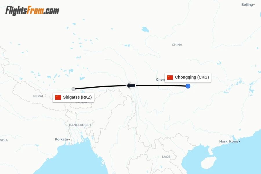 Flights from Chongqing to Shigatse route map