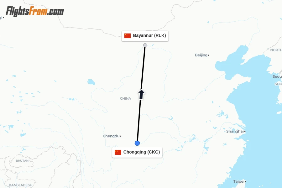 Flights from Chongqing to Bayannur route map