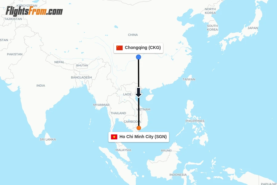 Flights from Chongqing to Ho Chi Minh City route map