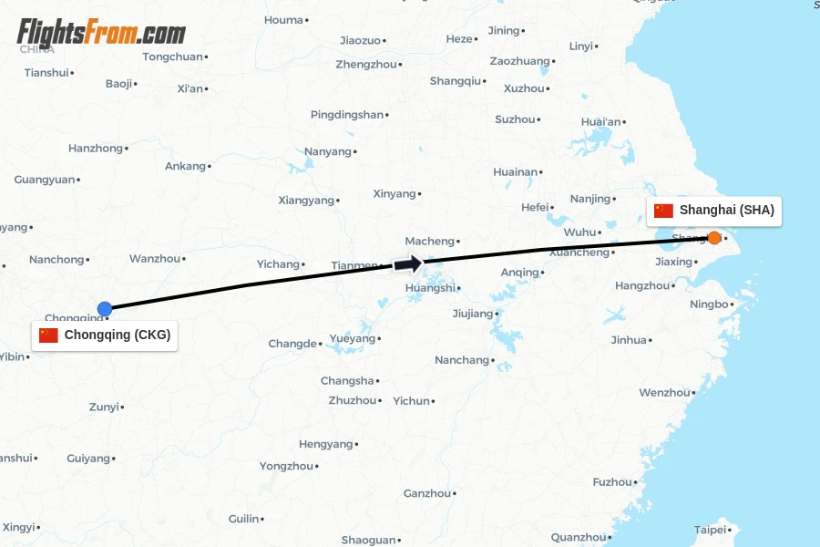 Flights from Chongqing to Shanghai route map