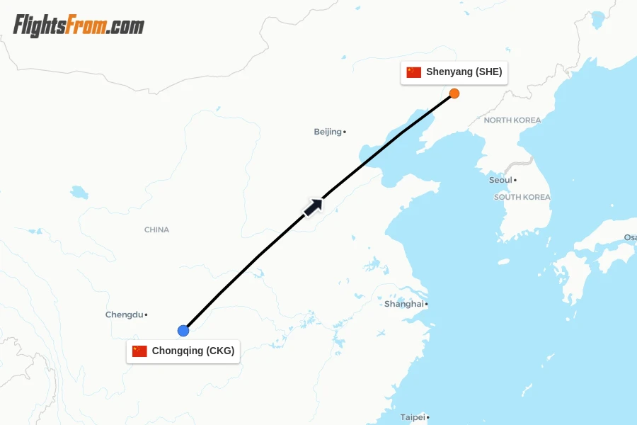 Flights from Chongqing to Shenyang route map