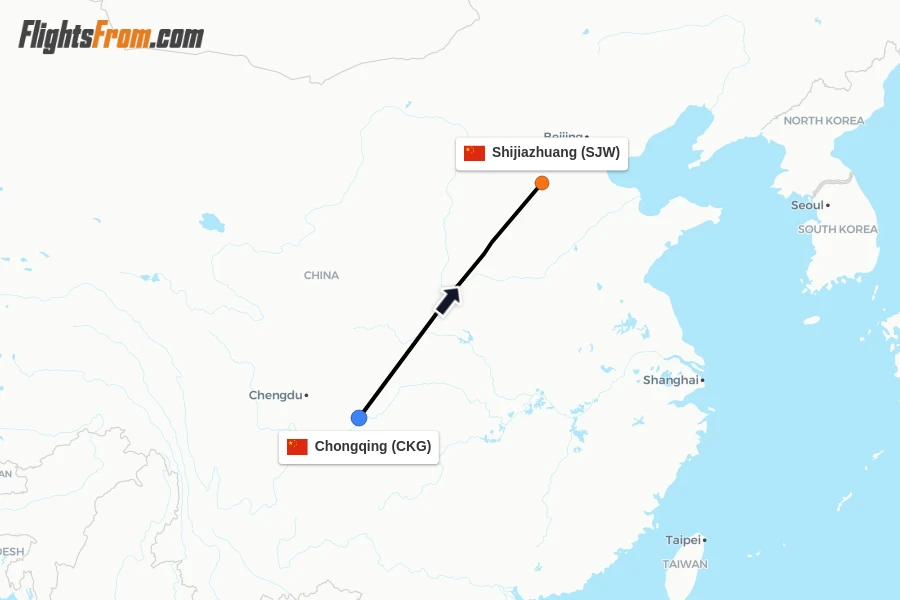 Flights from Chongqing to Shijiazhuang route map