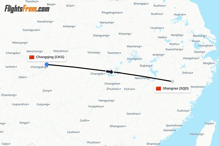 Flights from Chongqing to Shangrao route map