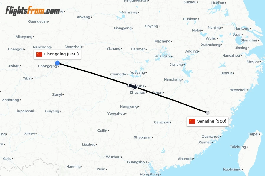 Flights from Chongqing to Sanming route map