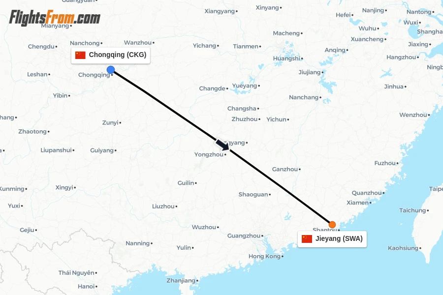 Flights from Chongqing to Jieyang route map