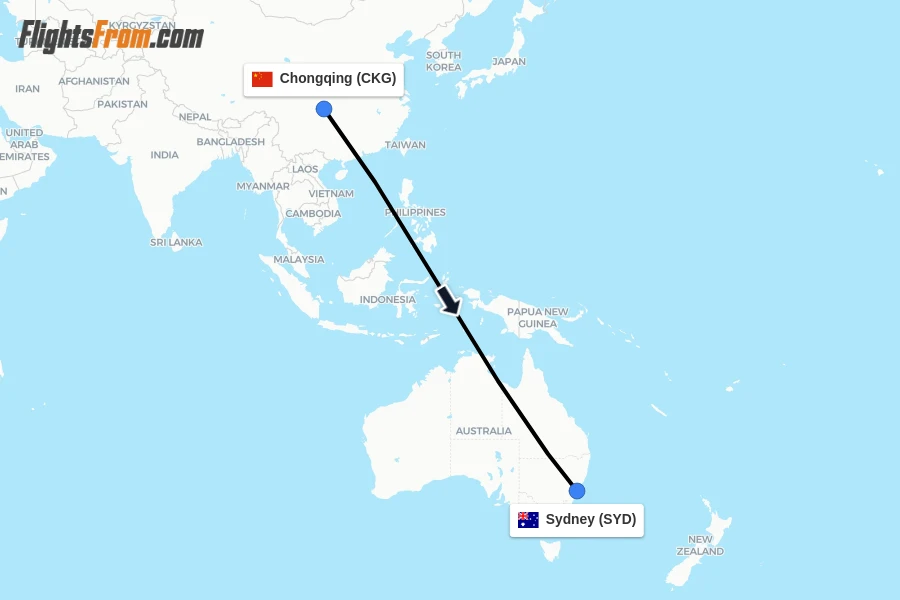 Flights from Chongqing to Sydney route map