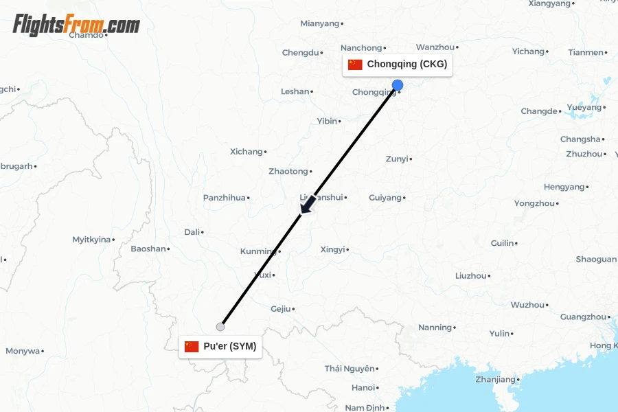 Flights from Chongqing to Pu'er route map