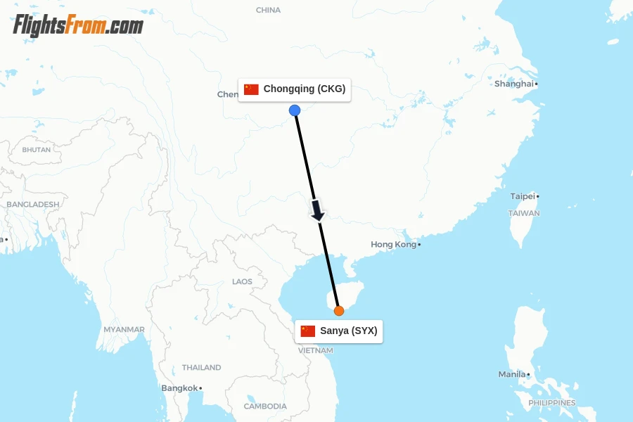 Flights from Chongqing to Sanya route map