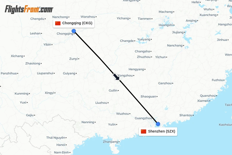 Flights from Chongqing to Shenzhen route map