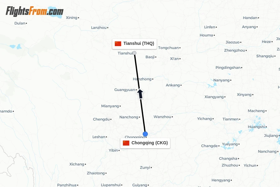 Flights from Chongqing to Tianshui route map