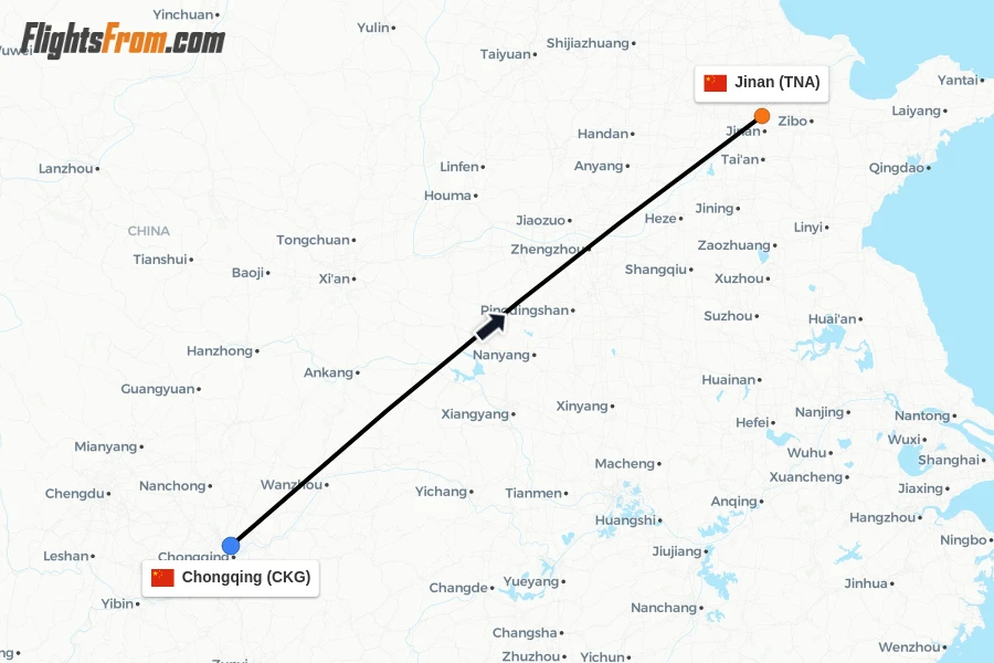 Flights from Chongqing to Jinan route map