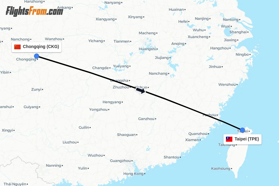 Flights from Chongqing to Taipei route map