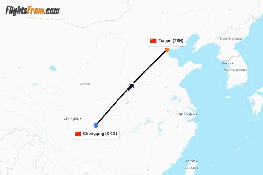 Flights from Chongqing to Tianjin route map