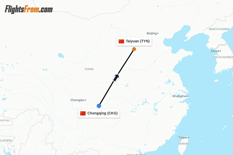 Flights from Chongqing to Taiyuan route map