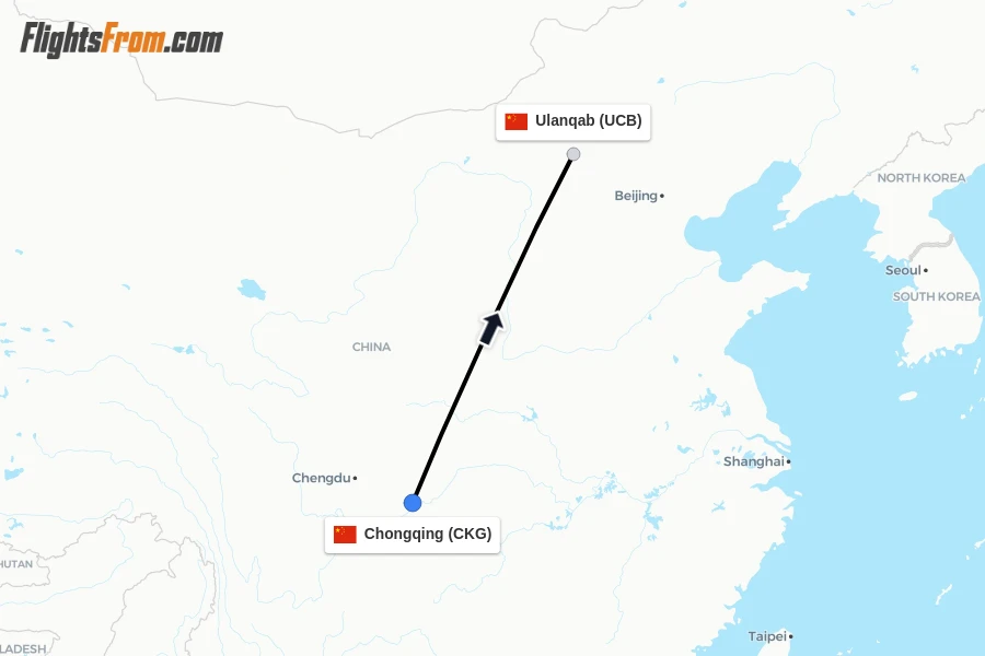 Flights from Chongqing to Ulanqab route map