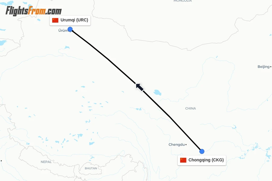 Flights from Chongqing to Urumqi route map