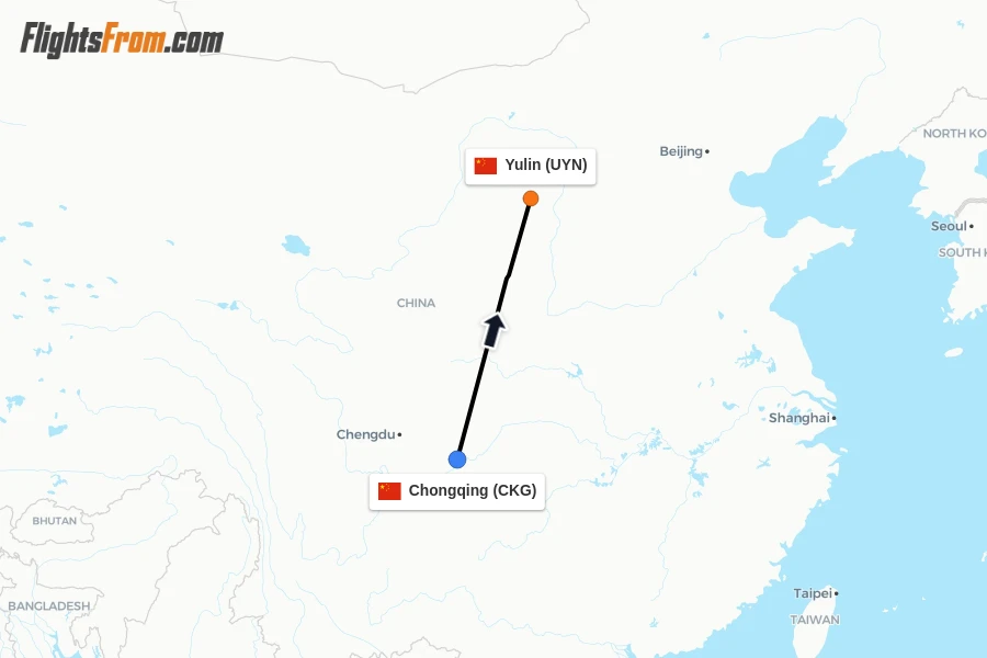 Flights from Chongqing to Yulin route map