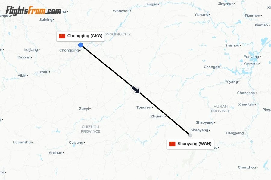 Flights from Chongqing to Shaoyang route map