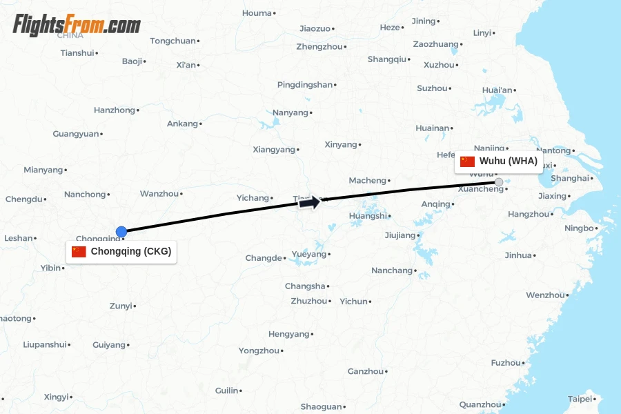 Flights from Chongqing to Wuhu route map