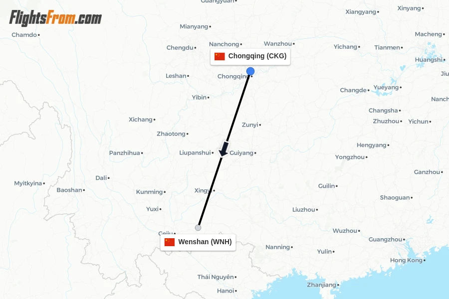 Flights from Chongqing to Wenshan route map
