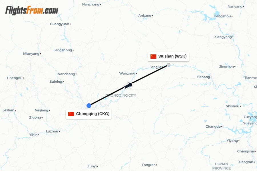 Flights from Chongqing to Wushan route map