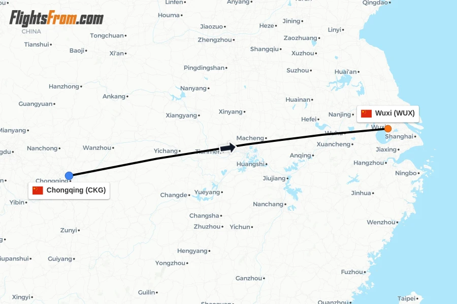 Flights from Chongqing to Wuxi route map