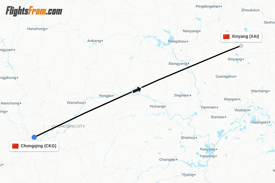 Flights from Chongqing to Xinyang route map