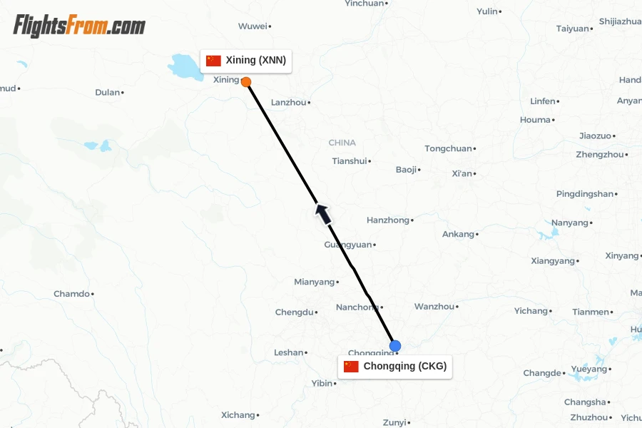 Flights from Chongqing to Xining route map