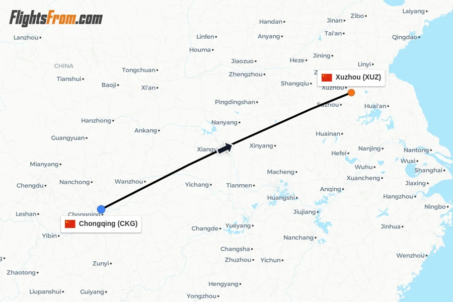 Flights from Chongqing to Xuzhou route map
