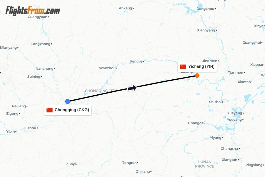 Flights from Chongqing to Yichang route map