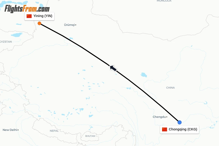 Flights from Chongqing to Yining route map
