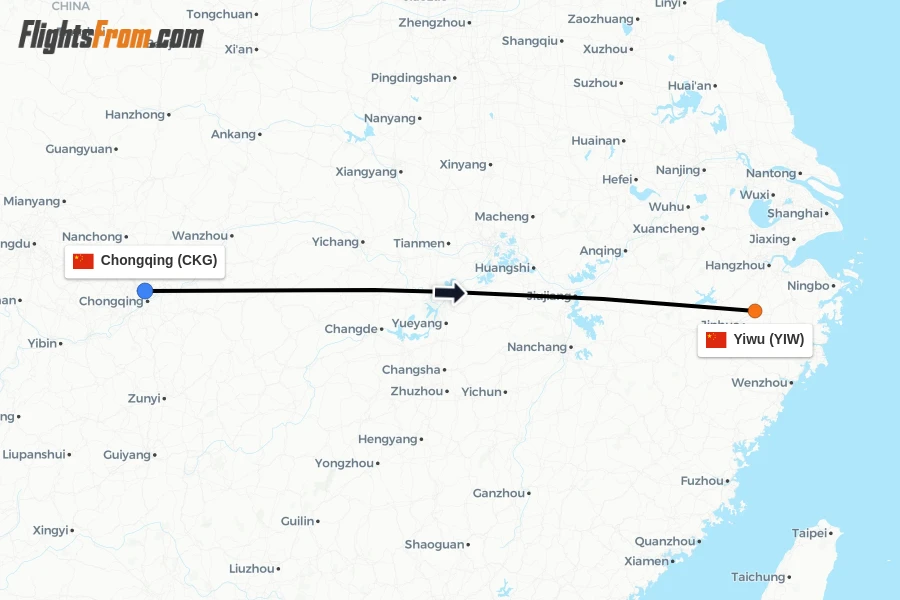 Flights from Chongqing to Yiwu route map