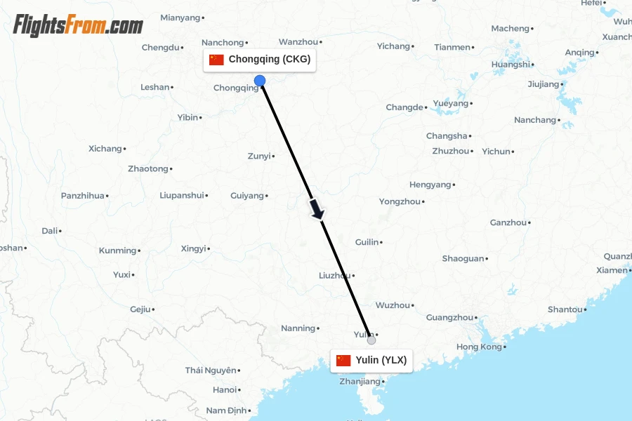 Flights from Chongqing to Yulin route map