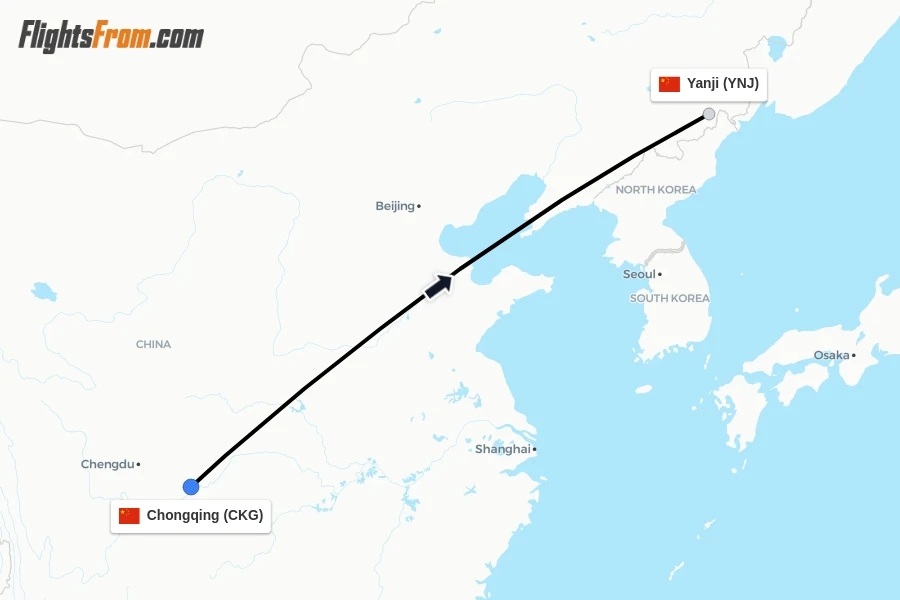 Flights from Chongqing to Yanji route map