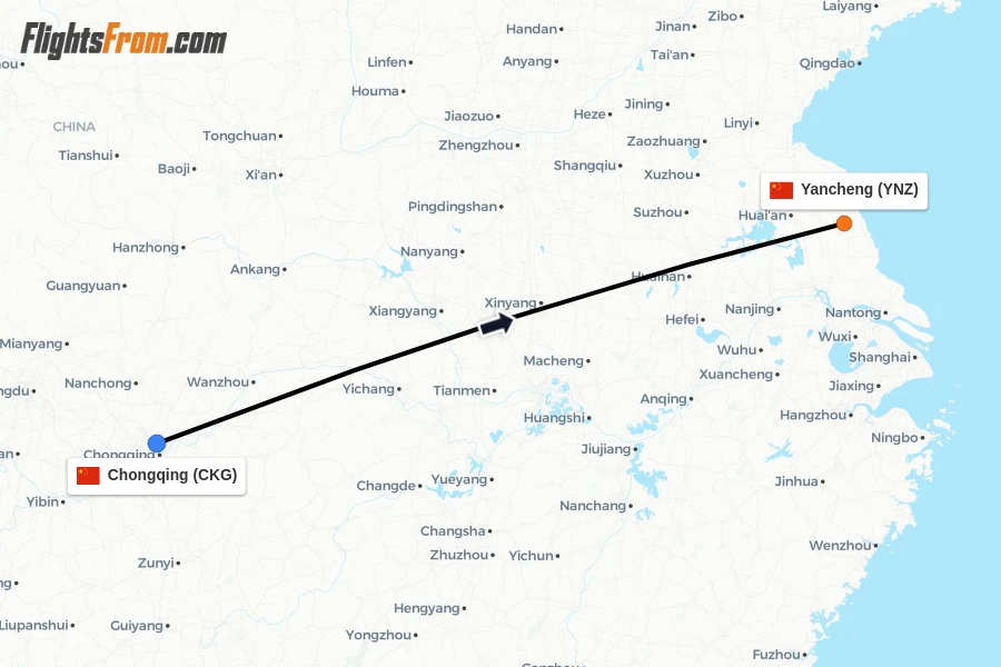 Flights from Chongqing to Yancheng route map