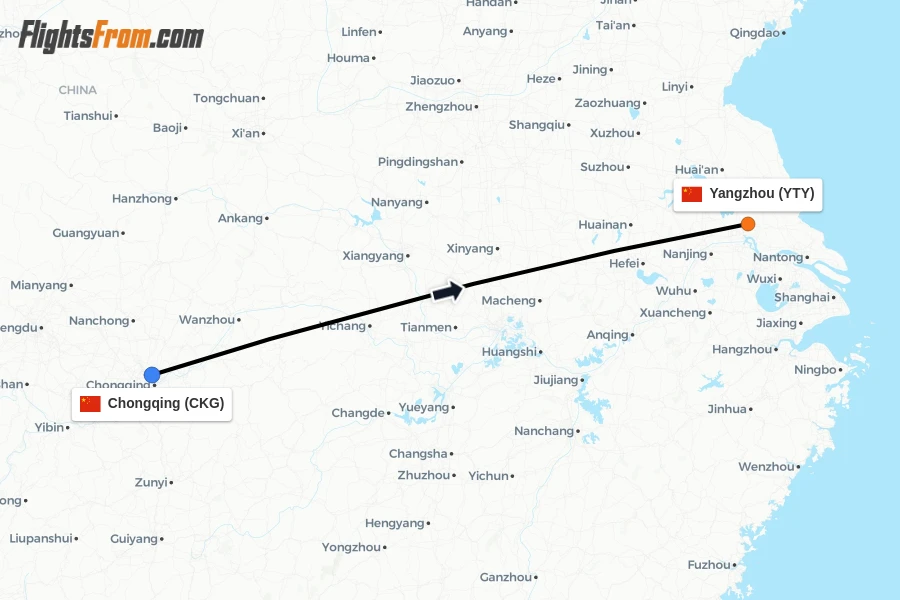 Flights from Chongqing to Yangzhou route map
