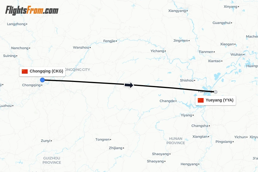 Flights from Chongqing to Yueyang route map