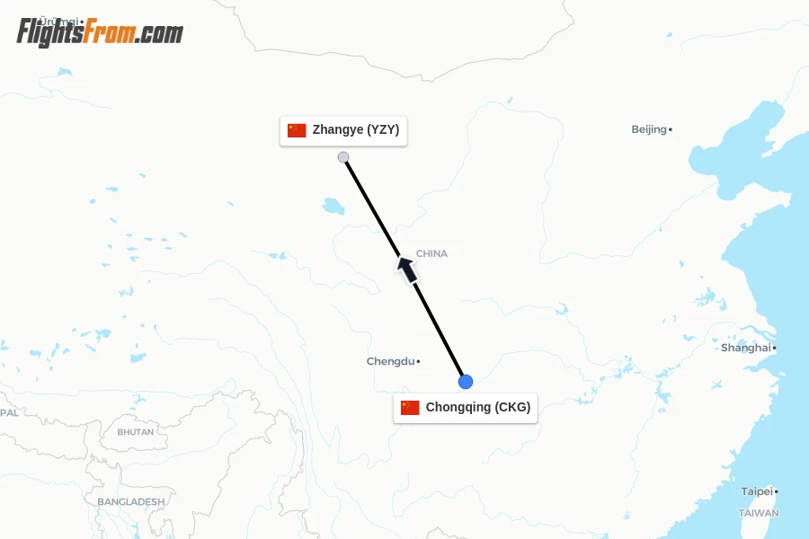Flights from Chongqing to Zhangye route map