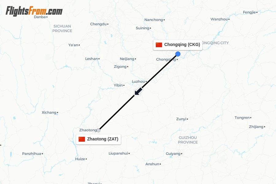 Flights from Chongqing to Zhaotong route map