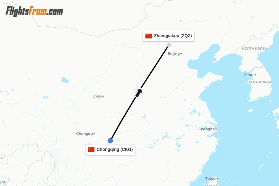 Flights from Chongqing to Zhangjiakou route map