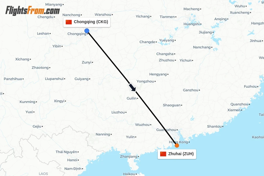 Flights from Chongqing to Zhuhai route map