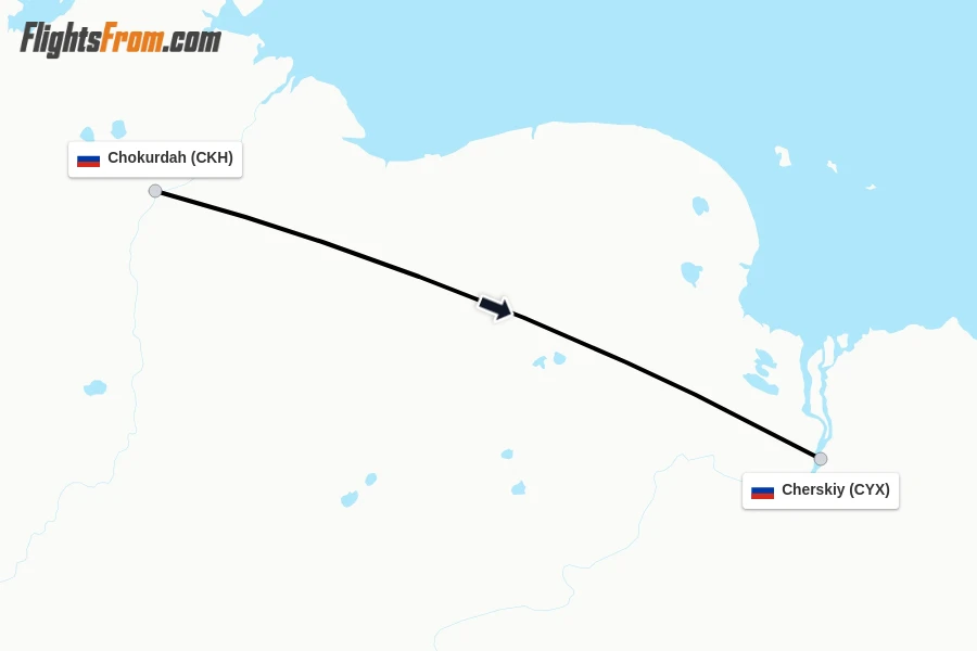 Flights from Chokurdah to Cherskiy route map