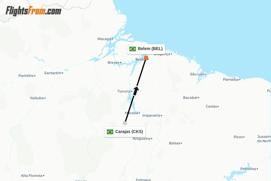 Flights from Carajas to Belem route map