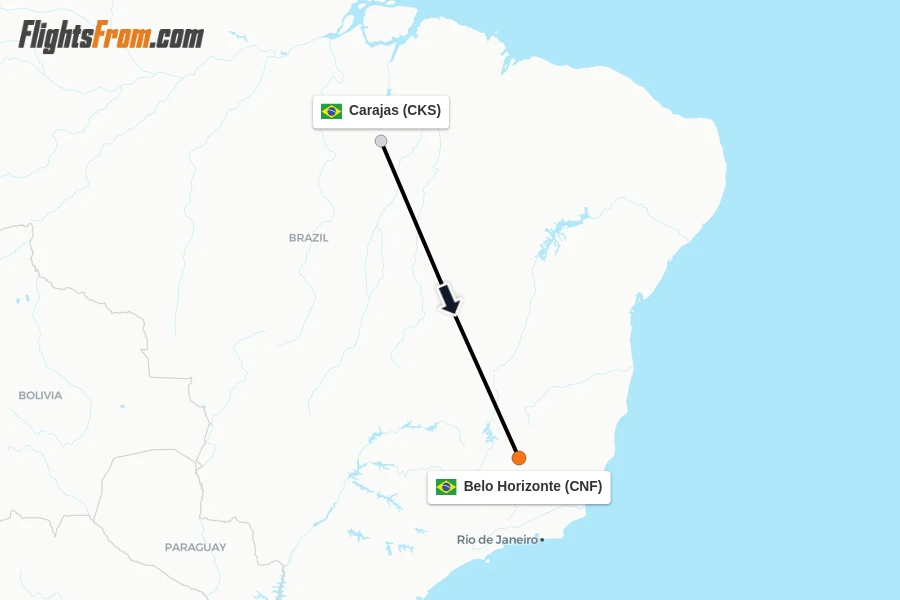 Flights from Carajas to Belo Horizonte route map
